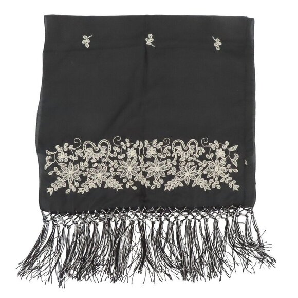 April Cornell Black Cream Embroidered Floral Flower Fringe All Silk Scarf Wrap - Picture 1 of 7